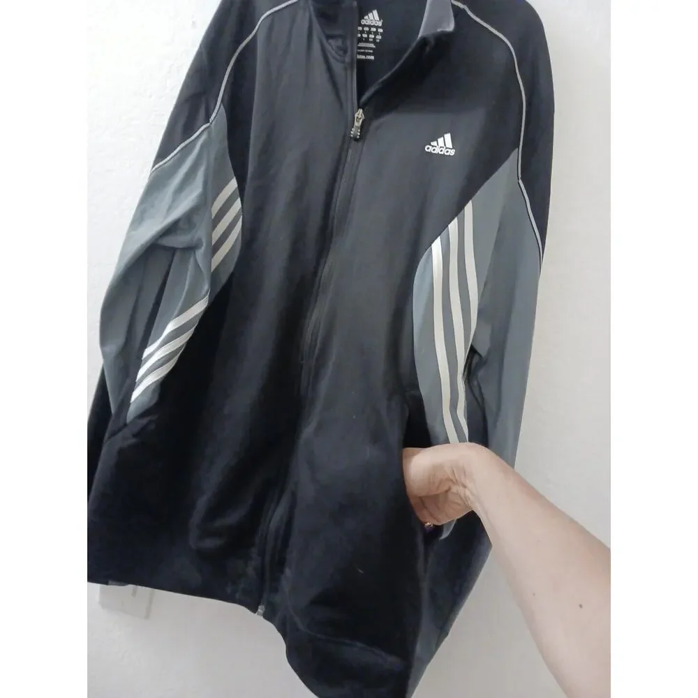 Y2K Adidas Track Jacket Men's Sz L Black GRAY WHITE STRIPES Zipper Retro Vintage
